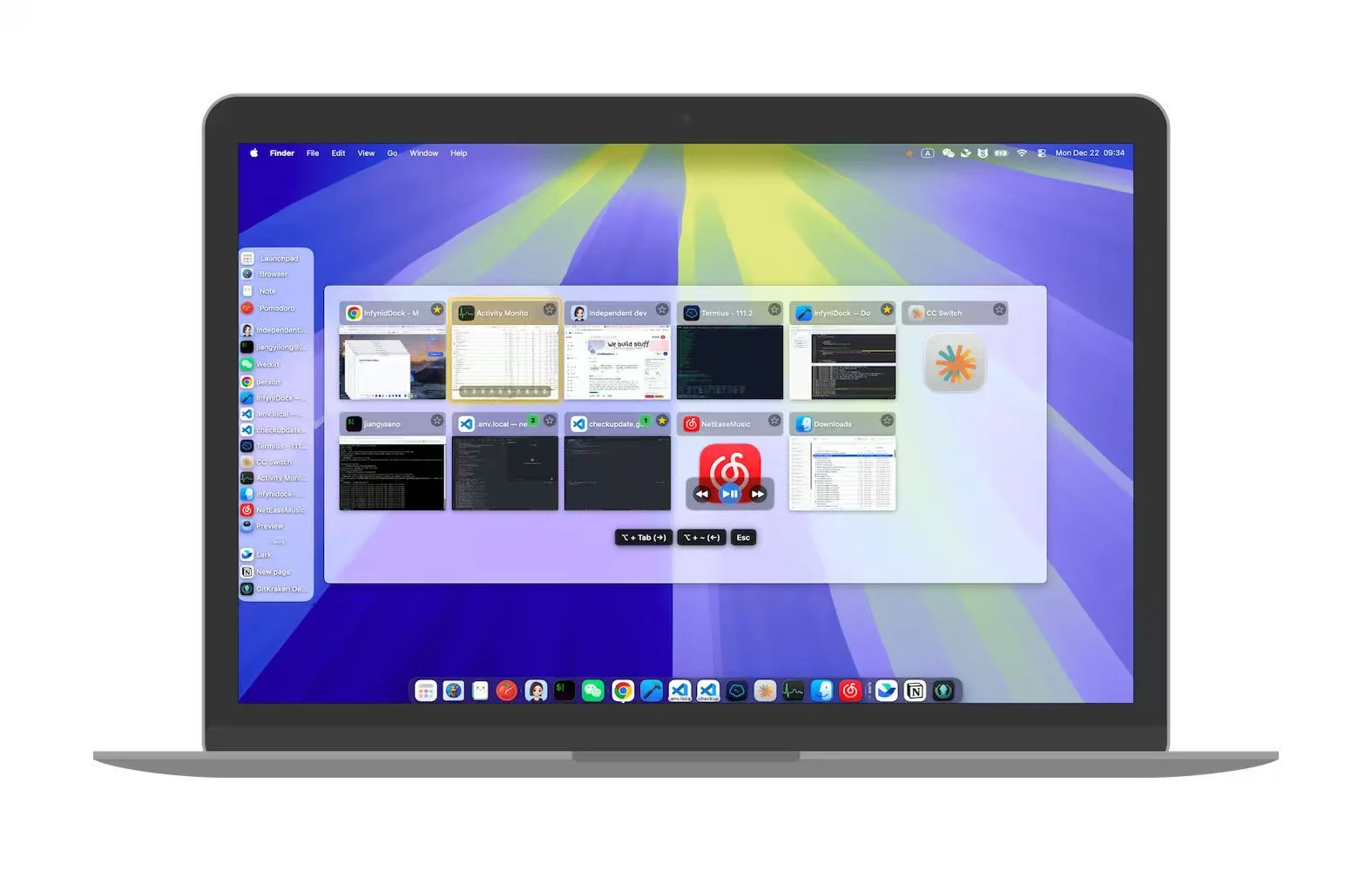 A real InfyniDock product screenshot showing window thumbnails and Dock entries on a Mac