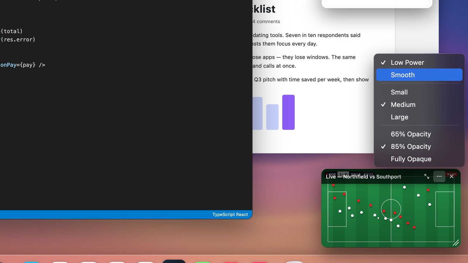The Mini Window options menu with size, opacity, and frame rate settings